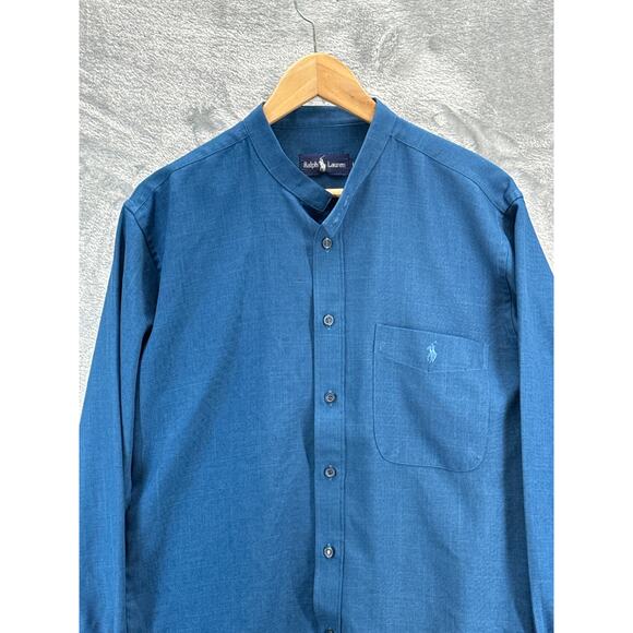 Ralph Lauren Blue Button Up Mandarin Collar Pocket Dress Shirt Men Large - Picture 2 of 6